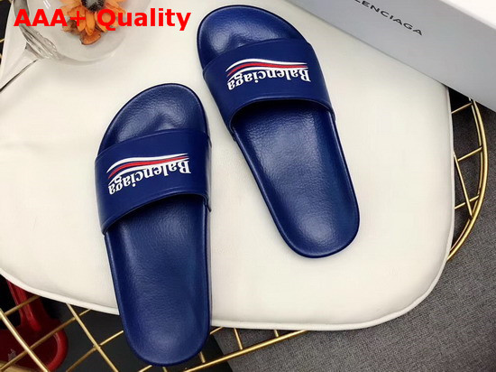 Balenciaga Pool Sandals Bleu Ocean Lambskin with Balenciaga Political Campain Logo on The Strap Replica