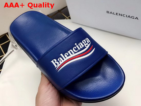 Balenciaga Pool Sandals Bleu Ocean Lambskin with Balenciaga Political Campain Logo on The Strap Replica