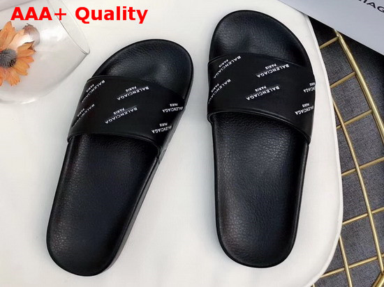 Balenciaga Pool Sandals in Black Lambskin with All Over Balenciaga Logo Replica