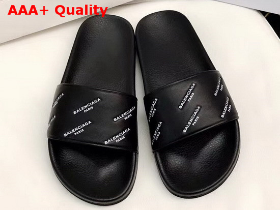 Balenciaga Pool Sandals in Black Lambskin with All Over Balenciaga Logo Replica