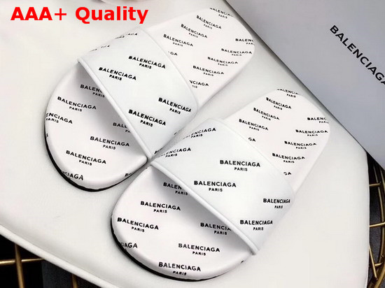 Balenciaga Pool Sandals in White Lambskin with All Over Balenciaga Logo Replica