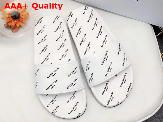 Balenciaga Pool Sandals in White Lambskin with All Over Balenciaga Logo Replica