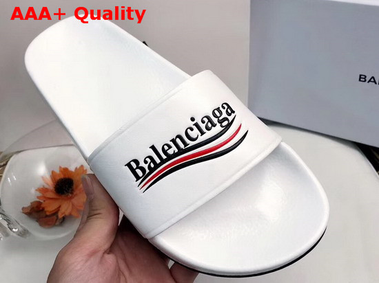 Balenciaga Pool Sandals in White Lambskin with Balenciaga Political Campain Logo on The Strap Replica