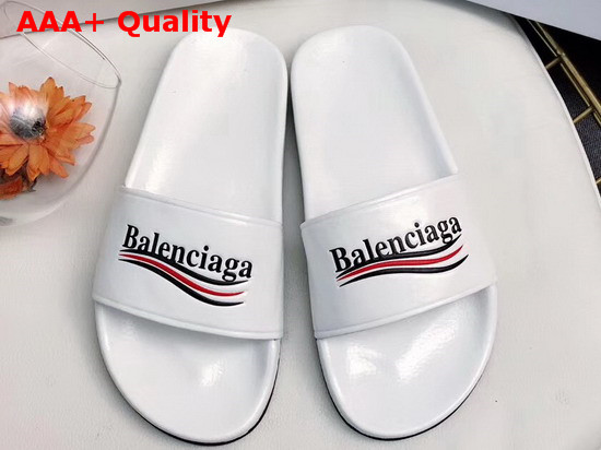 Balenciaga Pool Sandals in White Lambskin with Balenciaga Political Campain Logo on The Strap Replica