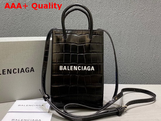 Balenciaga Shopping Phone Holder in Black Crocodile Embossed Calfskin Replica