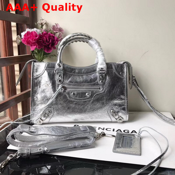 Balenciaga Small City Bag in Silver Crackle Lambskin Replica