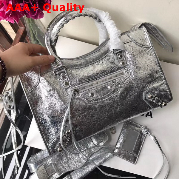 Balenciaga Small City Bag in Silver Crackle Lambskin Replica