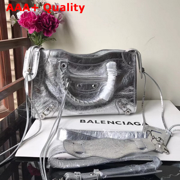 Balenciaga Small City Bag in Silver Crackle Lambskin Replica