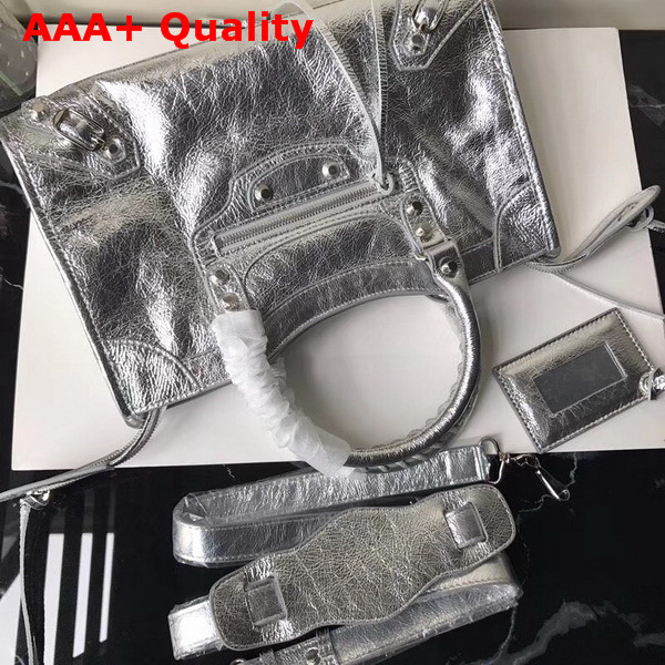 Balenciaga Small City Bag in Silver Crackle Lambskin Replica