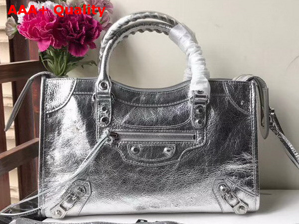 Balenciaga Small City Bag in Silver Crackle Lambskin Replica