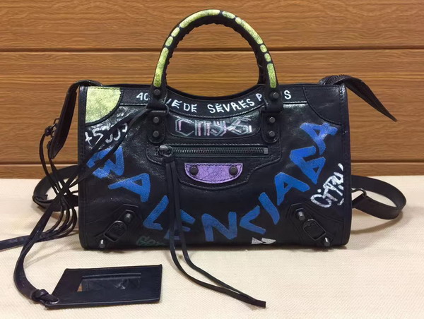 Balenciaga Small Graffiti Classic City Handbag in Black Graffiti Printed Leather Replica