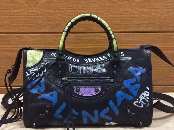 Balenciaga Small Graffiti Classic City Handbag in Black Graffiti Printed Leather Replica