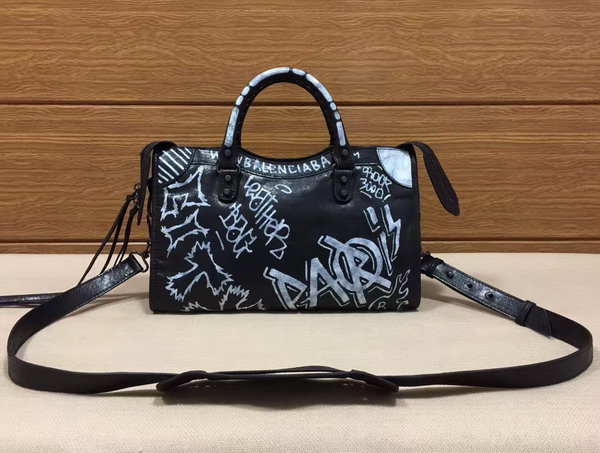 Balenciaga Small Graffiti Classic City Handbag in Black Graffiti Printed Leather Replica