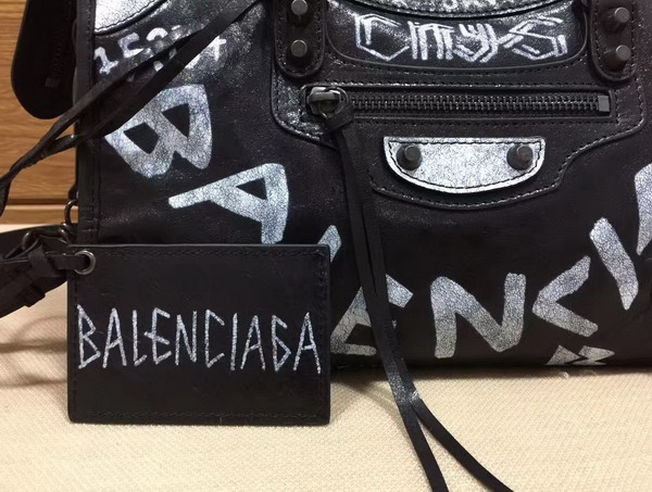 Balenciaga Small Graffiti Classic City Handbag in Black Graffiti Printed Leather Replica