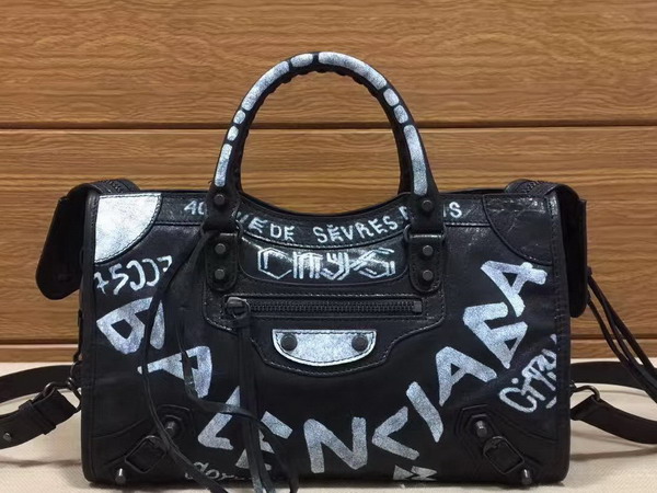 Balenciaga Small Graffiti Classic City Handbag in Black Graffiti Printed Leather Replica