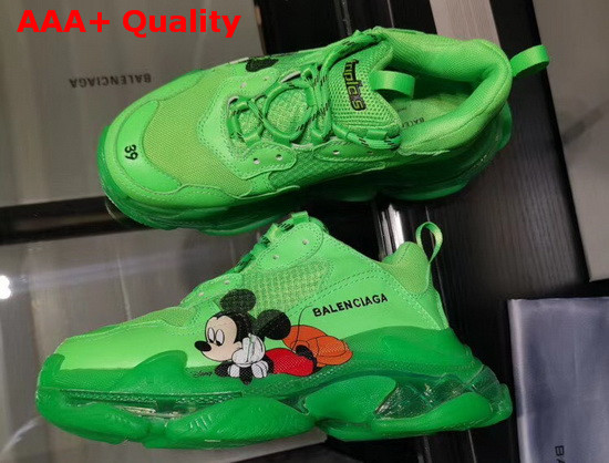 Balenciaga Triple S Clear Sole Sneaker in Green Double Foam and Mesh with Printed Mickey Mouse Replica