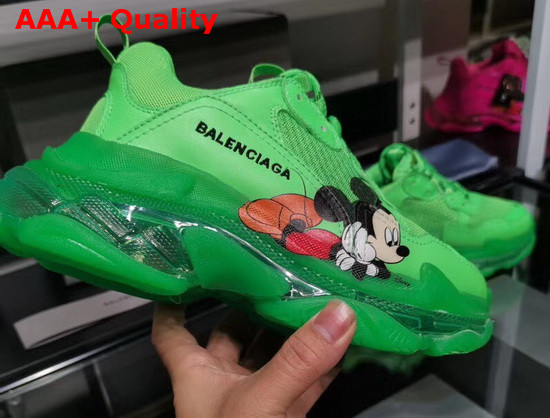 Balenciaga Triple S Clear Sole Sneaker in Green Double Foam and Mesh with Printed Mickey Mouse Replica