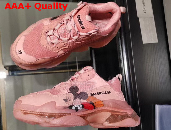 Balenciaga Triple S Clear Sole Sneaker in Light Pink Double Foam and Mesh with Printed Mickey Mouse Replica