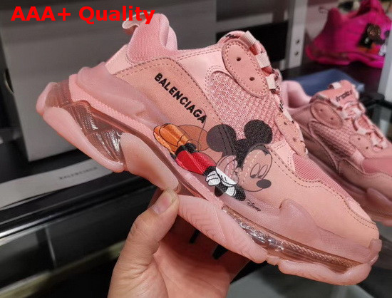 Balenciaga Triple S Clear Sole Sneaker in Light Pink Double Foam and Mesh with Printed Mickey Mouse Replica