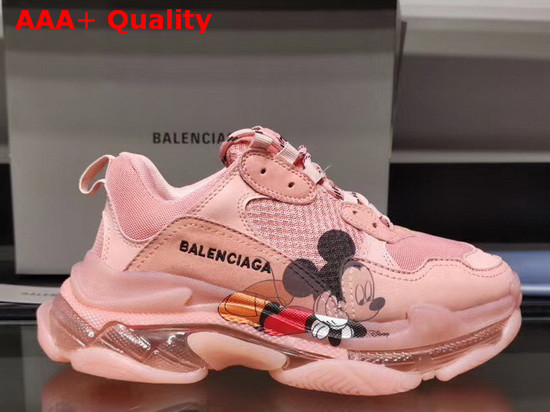 Balenciaga Triple S Clear Sole Sneaker in Light Pink Double Foam and Mesh with Printed Mickey Mouse Replica