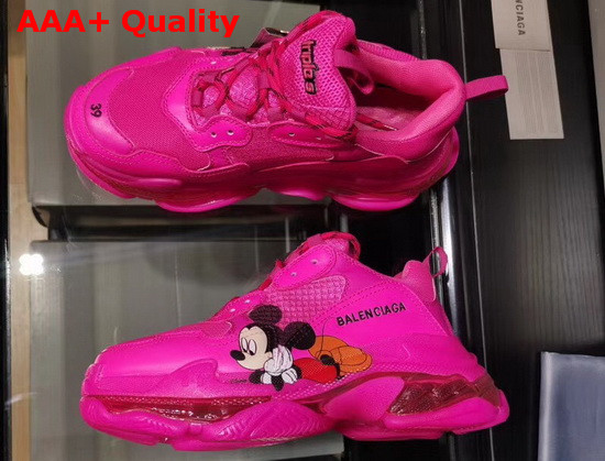 Balenciaga Triple S Clear Sole Sneaker in Pink Double Foam and Mesh with Printed Mickey Mouse Replica