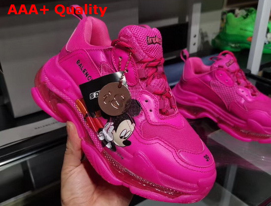 Balenciaga Triple S Clear Sole Sneaker in Pink Double Foam and Mesh with Printed Mickey Mouse Replica