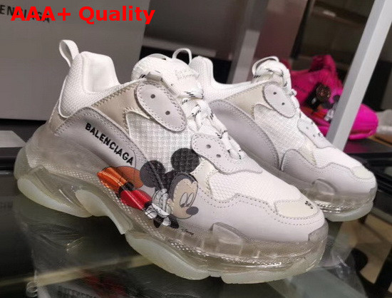 Balenciaga Triple S Clear Sole Sneaker in White and Grey Calfskin Lambskin and Mesh with Printed Mickey Mouse Replica