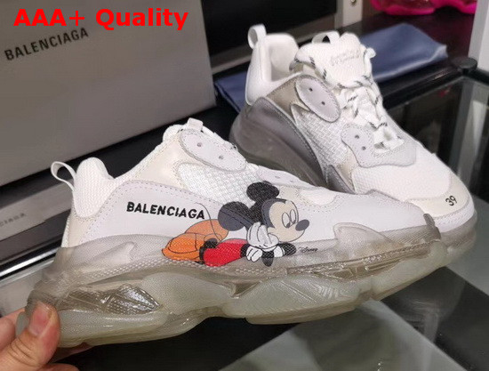 Balenciaga Triple S Clear Sole Sneaker in White and Grey Calfskin Lambskin and Mesh with Printed Mickey Mouse Replica