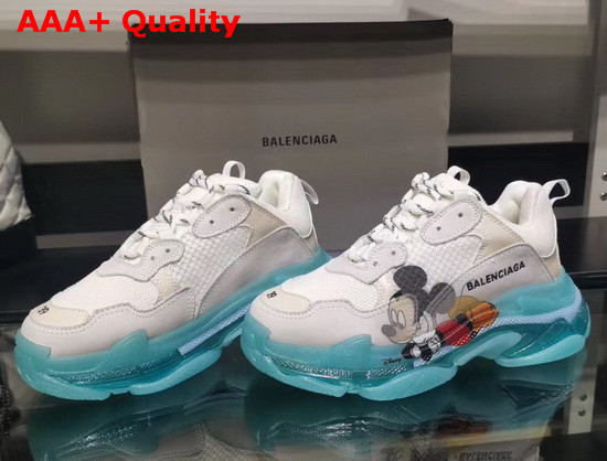 Balenciaga Triple S Clear Sole Sneaker in White and Light Grey Calfskin Lambskin and Mesh Light Blue Sole Printed Mickey Mouse Replica