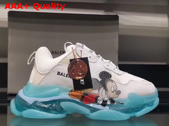 Balenciaga Triple S Clear Sole Sneaker in White and Light Grey Calfskin Lambskin and Mesh Light Blue Sole Printed Mickey Mouse Replica