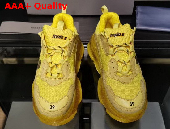 Balenciaga Triple S Clear Sole Sneaker in Yellow Calfskin Lambskin and Mesh with Printed Mickey Mouse Replica