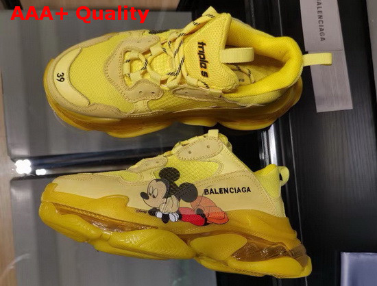 Balenciaga Triple S Clear Sole Sneaker in Yellow Calfskin Lambskin and Mesh with Printed Mickey Mouse Replica