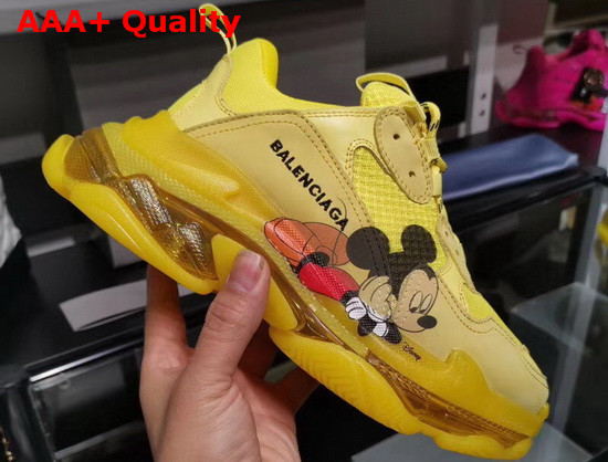 Balenciaga Triple S Clear Sole Sneaker in Yellow Calfskin Lambskin and Mesh with Printed Mickey Mouse Replica