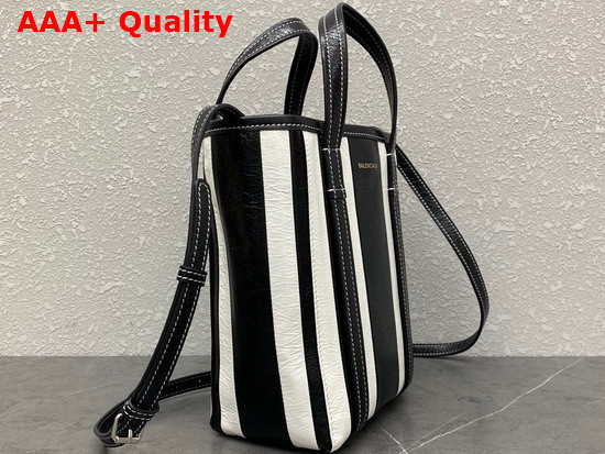 Balenciaga Womens Barbes Small North South Shopper Bag in Black and White Striped Patchwork Arena Lambskin Replica