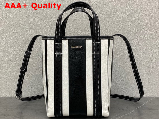 Balenciaga Womens Barbes Small North South Shopper Bag in Black and White Striped Patchwork Arena Lambskin Replica