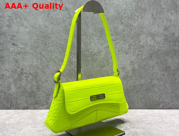 Balenciaga XX Small Flap Bag in Neon Yellow Shiny Supple Crocodile Embossed Calfskin with Aged Silver Hardware Replica