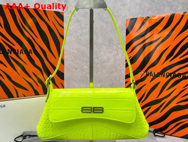 Balenciaga XX Small Flap Bag in Neon Yellow Shiny Supple Crocodile Embossed Calfskin with Aged Silver Hardware Replica