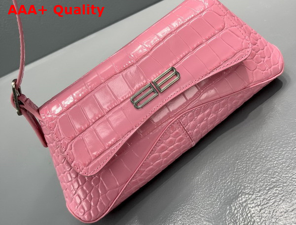 Balenciaga XX Small Flap Bag in Pink Shiny Supple Crocodile Embossed Calfskin with Aged Silver Hardware Replica