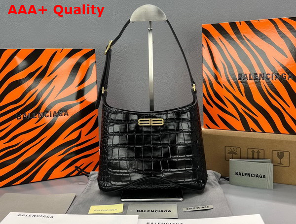 Balenciaga XX Small Hobo Bag in Black Super Supple Crocodile Embossed Calfskin Aged Gold Hardware Replica