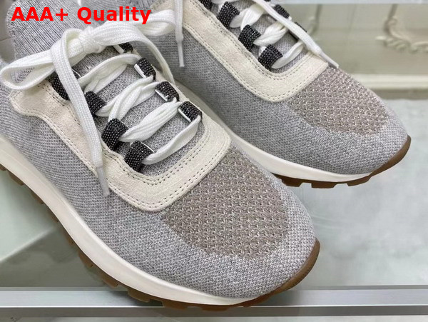 Brunello Cucinelli Sparkling Cotton Knit Runners with Shiny Eyelets Light Grey Replica