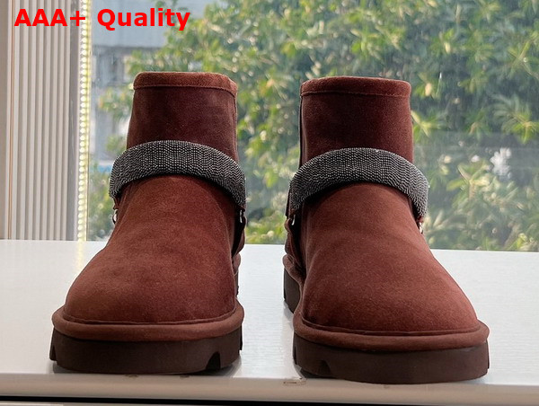 Brunello Cucinelli Suede Boots with Shearling Lining and Precious Ribbed Strap Brown Replica