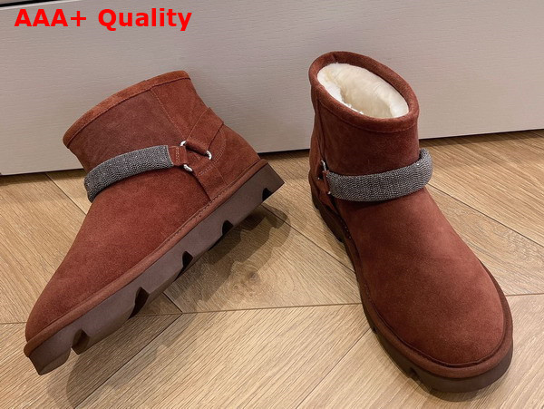 Brunello Cucinelli Suede Boots with Shearling Lining and Precious Ribbed Strap Brown Replica