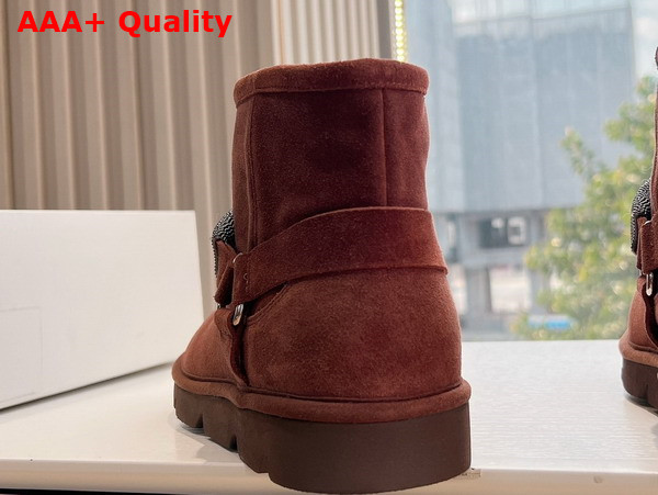 Brunello Cucinelli Suede Boots with Shearling Lining and Precious Ribbed Strap Brown Replica