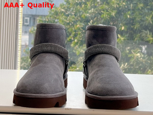 Brunello Cucinelli Suede Boots with Shearling Lining and Precious Ribbed Strap Dark Grey Replica