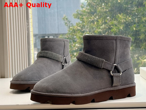 Brunello Cucinelli Suede Boots with Shearling Lining and Precious Ribbed Strap Dark Grey Replica