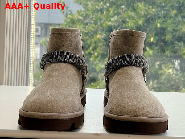 Brunello Cucinelli Suede Boots with Shearling Lining and Precious Ribbed Strap Light Grey Replica