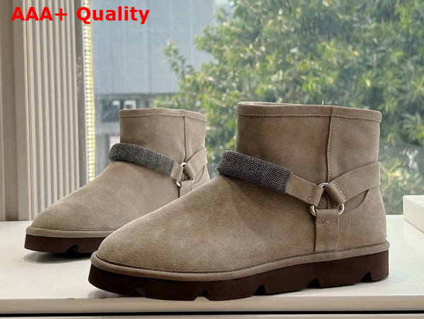 Brunello Cucinelli Suede Boots with Shearling Lining and Precious Ribbed Strap Light Grey Replica