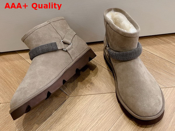 Brunello Cucinelli Suede Boots with Shearling Lining and Precious Ribbed Strap Light Grey Replica