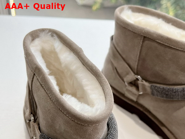 Brunello Cucinelli Suede Boots with Shearling Lining and Precious Ribbed Strap Light Grey Replica