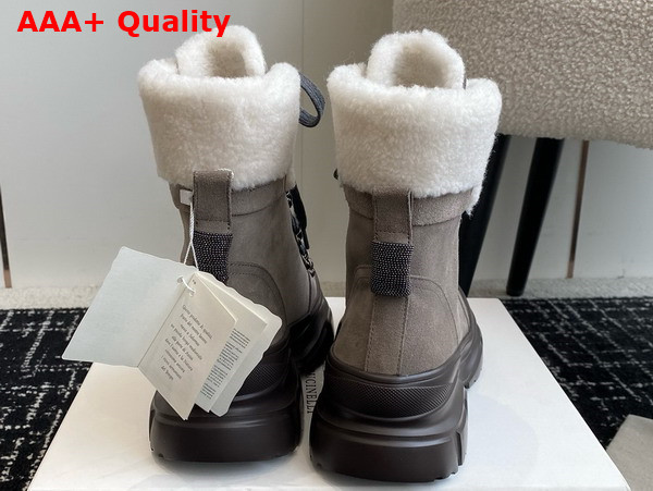 Brunello Cucinelli Suede Calfskin and Shearling Mountain Boots with Shiny Detail Dark Grey Replica